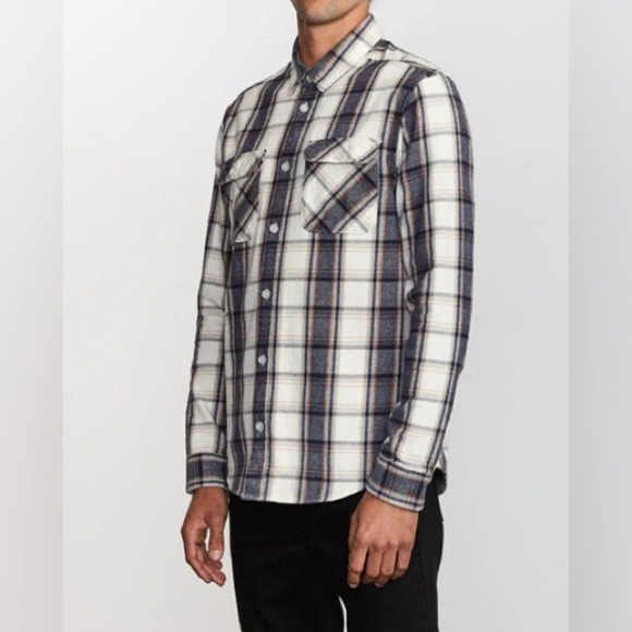 RVCA That’ll Work Flannel Oversized Long Sleeve Shirt in Blue and White Size S - Picture 4 of 15
